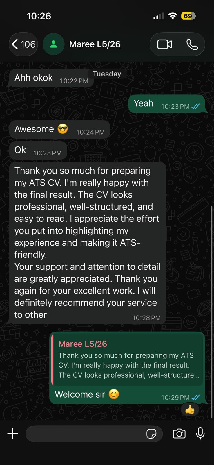 Real client review on WhatsApp